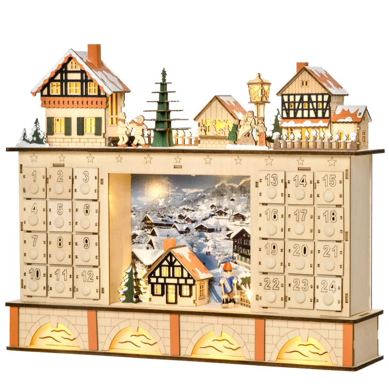 HOMCOM Calendário de Advento de Madeira com Luzes e 24 Gavetas de Contagem Regressiva Decoração de Natal 44x10x37 cm Madeira