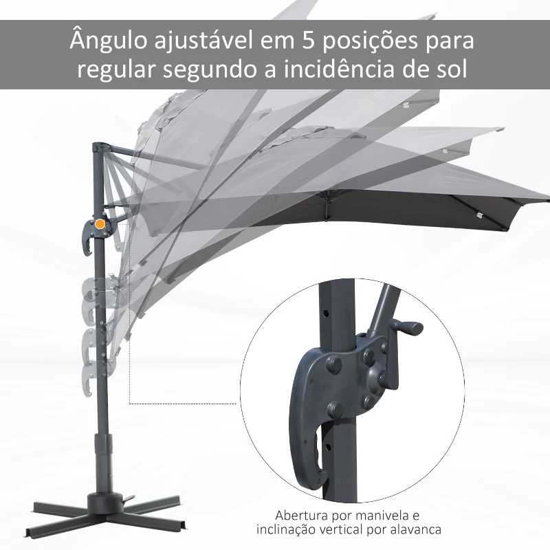 HOMCOM Chapéu de Sol de Jardim 245x245x248cm Chapéu de Sol Excêntrico com Rotação 360° Inclinação de 5 Níveis com Manivela e Ventilação para Pátio Terraço Cinza