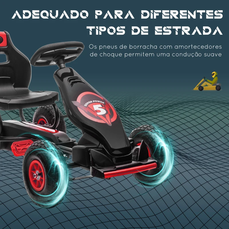 HOMCOM Kart a Pedais para Crianças 5-12 Anos com Assento Ajustável Pneus Insufláveis Amortecimento e Travão de Mão 121x58x61cm Vermelho
