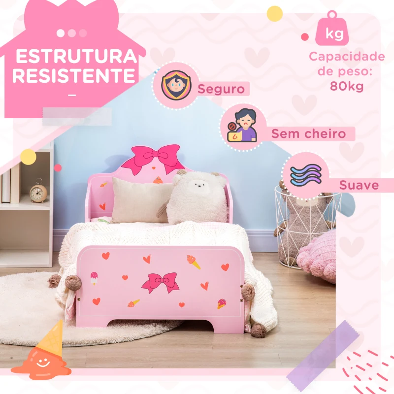ZONEKIZ Cama para Crianças de 3-6 Anos 143x74x59cm Cama Infantil de Madeira com Barreiras de Proteção Rosa
