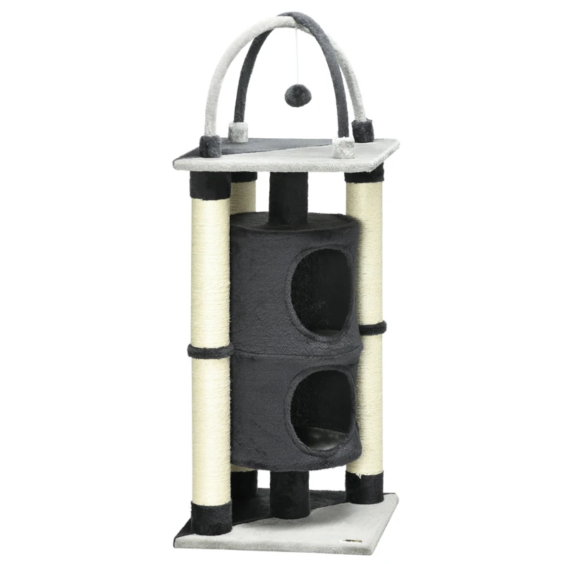 PawHut Árvore Arranhador para Gatos de 2 Níveis com Plataforma Postes de Juta e Bola Suspensa 39x39x114cm Cinza