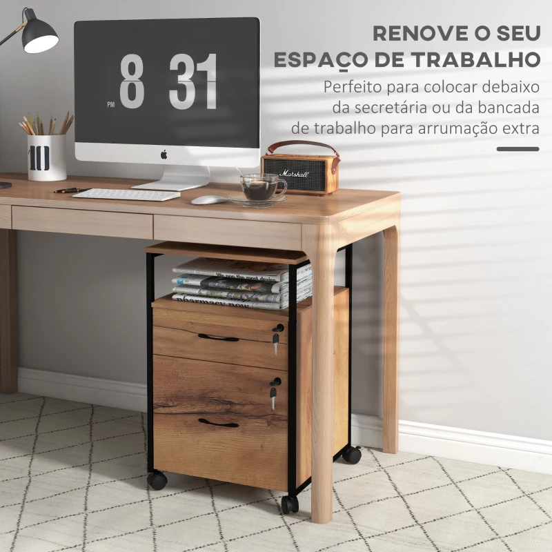 Vinsetto Bloco de Gavetas com Fechadura Rodas 2 Gavetas Barra Suspensa para Papéis A4 e Carta e 2 Chaves 44x40x66,5 cm  Marrom Rústico