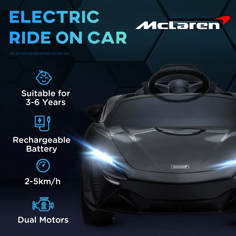 HOMCOM Carro Elétrico 12V Mclaren com Controlo Remoto Música Buzina Faróis Entrada para MP3 USB e Velocidade 2-5 km/h 126x65x52 cm Preto