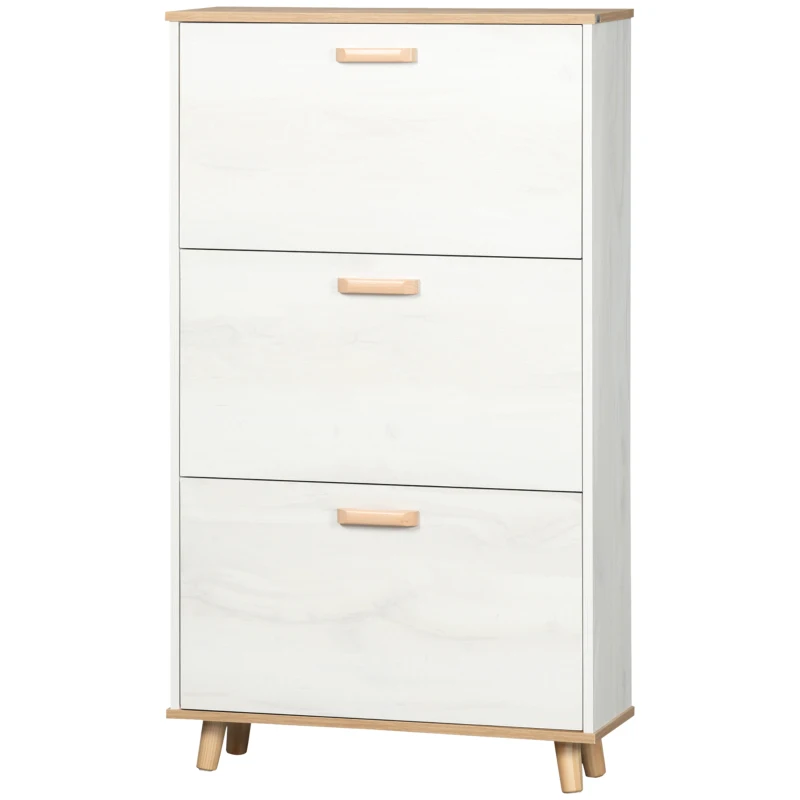 HOMCOM Sapateira Moderna com 3 Gavetas Abatíveis para 12 Pares de Sapatos e Prateleira Ajustável 70x23,5x122cm Branco Envelhecido