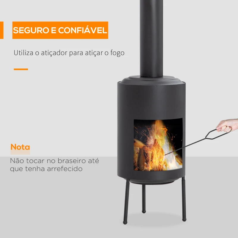 Outsunny Lareira de Jardim com Atiçador e Chaminé para Fumaça 30x30x105cm Preto