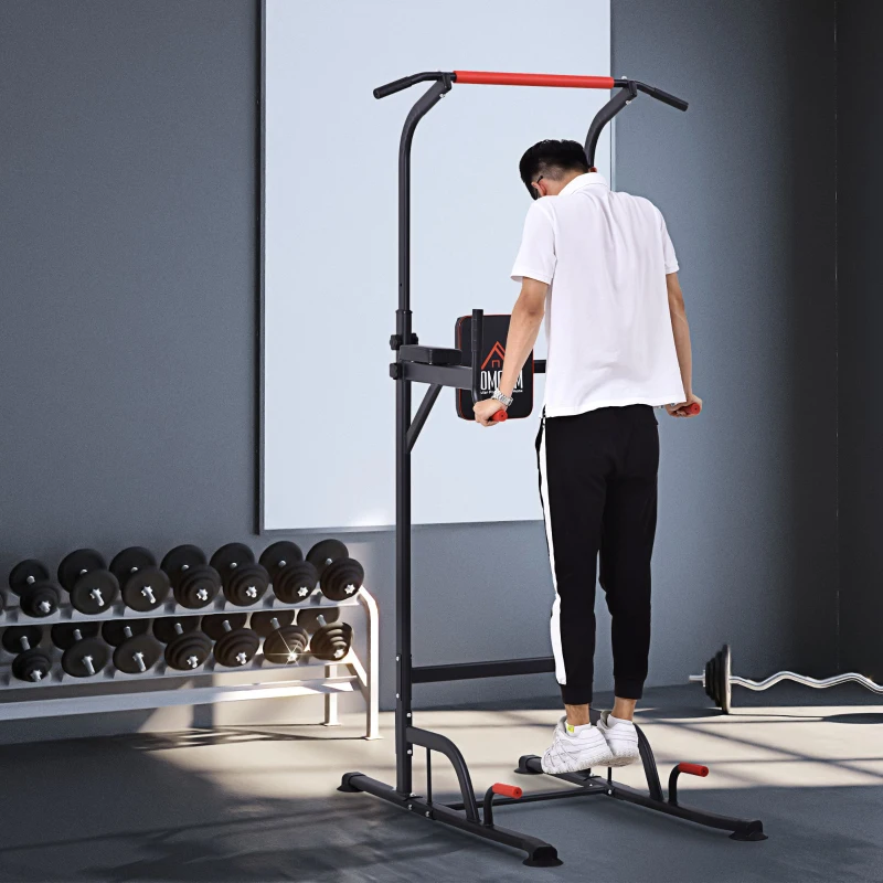 HOMCOM Torre de Exercícios Estação Multifuncional Altura Ajustável com 7 Orifícios para Treinamento Fitness para Casa Academia Escritório Carga Máxima 120kg 123x98x189-239cm Preto e Vermelho