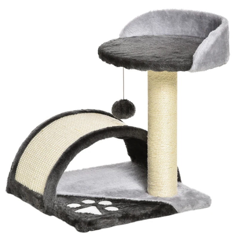 PawHut Árvore Arranhador para Gatos de 2 Níveis com Poste e Tapete de Arranhar Cama e Bola Suspensa 35,5x37x46 cm Cinza