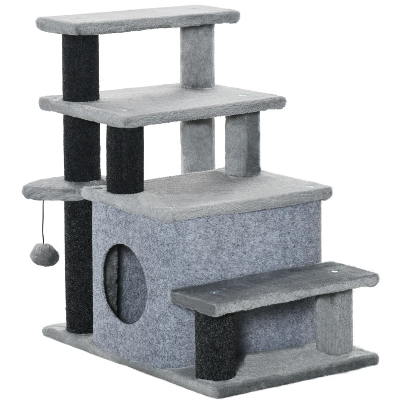 PawHut Escada para Gatos de 4 Degraus Escada para Animais de Estimação com Altura Ajustável Caverna Bola Suspensa 60x40x66cm Cinza