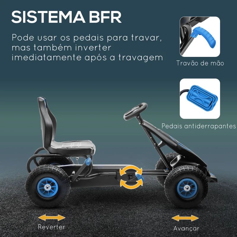 HOMCOM Kart a Pedais para Crianças 5-12 Anos com Assento Ajustável Pneus Insufláveis Amortecimento e Travão de Mão 121x58x61cm Azul