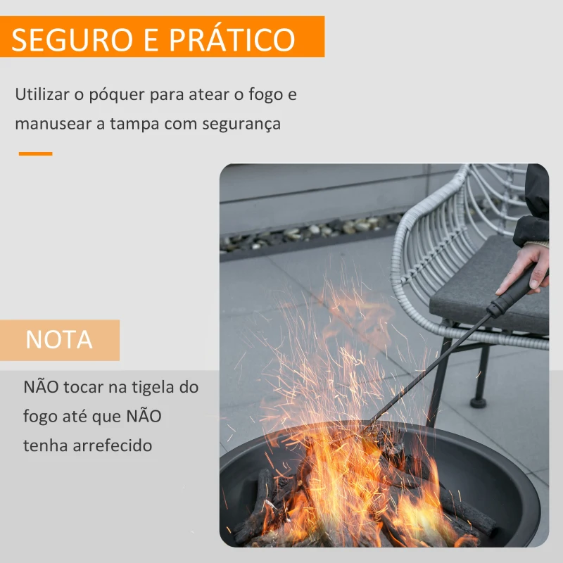 Outsunny Braseiro Exterior de Metal Ø56 cm Braseiro de Jardim com Tampa Protetora contra Chispas e Atiçador para Fogueiras Lenhas Terraço Jardim Acampamento Preto