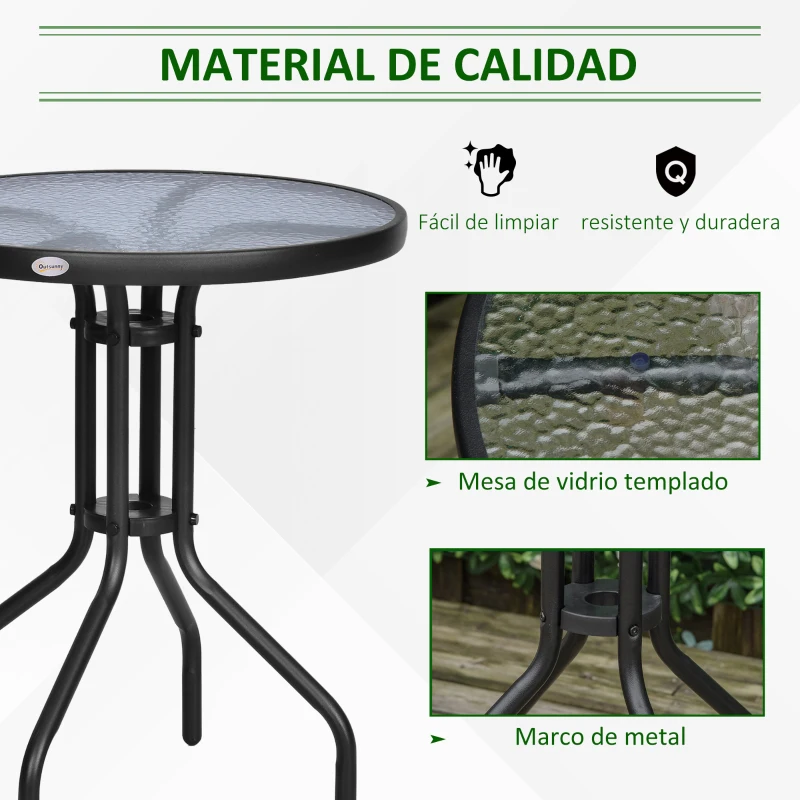 Outsunny Mesa de Jardim Redonda com Bancada de Vidro Temperado Decorativa e Estrutura de Metal para Pátio Terraço Varanda Ø60x70 cm Preto