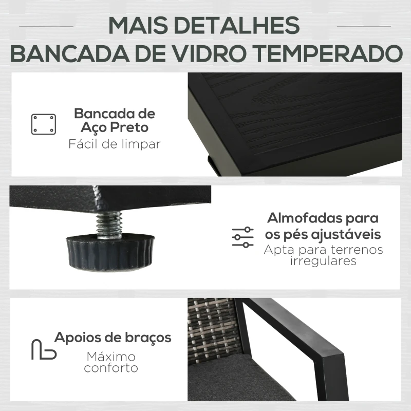 Outsunny Conjunto Móveis de Jardim Vime de 4 Peças com Sofá de 2 Lugares Poltrona Individual e Mesa de Centro Preto