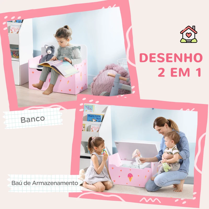 ZONEKIZ Baú Infantil 2 em 1 Baú de Armazenamento Organizador de Brinquedos com Tampa de Fechamento Seguro 60x30x50cm Rosa