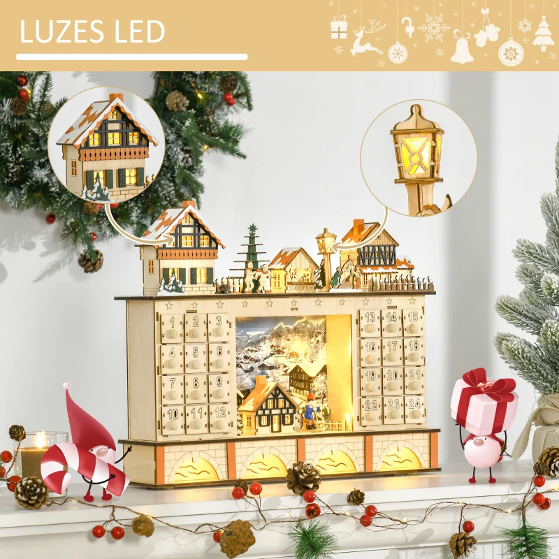 HOMCOM Calendário de Advento de Madeira com Luzes e 24 Gavetas de Contagem Regressiva Decoração de Natal 44x10x37 cm Madeira