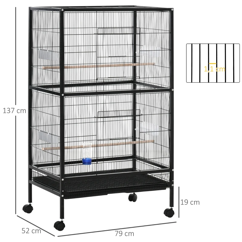 PawHut Gaiola para Pássaros com 4 Rodas Gaiola para Pássaros Metálica com Múltiplas Portas 4 Comedouros Bebedouro 2 Poleiros e Bandeja para Louros Canários Periquitos 79x52x137cm Preto