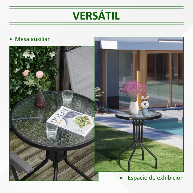 Outsunny Mesa de Jardim Redonda com Bancada de Vidro Temperado Decorativa e Estrutura de Metal para Pátio Terraço Varanda Ø60x70 cm Preto