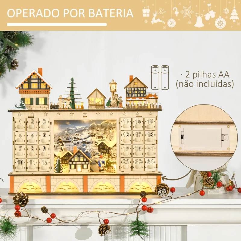 HOMCOM Calendário de Advento de Madeira com Luzes e 24 Gavetas de Contagem Regressiva Decoração de Natal 44x10x37 cm Madeira