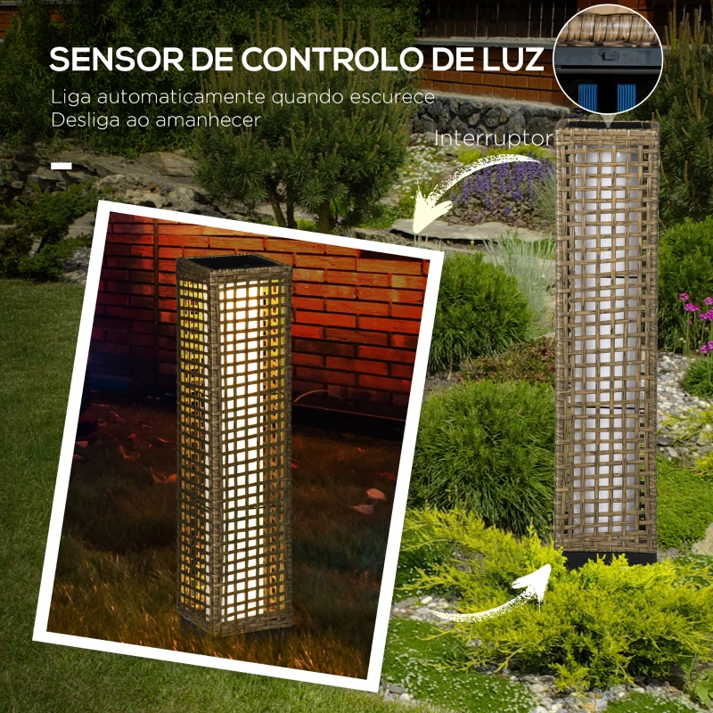 Outsunny Candeeiro Solar de Vime Sintético com Luzes LED Ligar/Desligar Automático para Varanda Pátio 15,5x15,5x69cm Marrom Areia