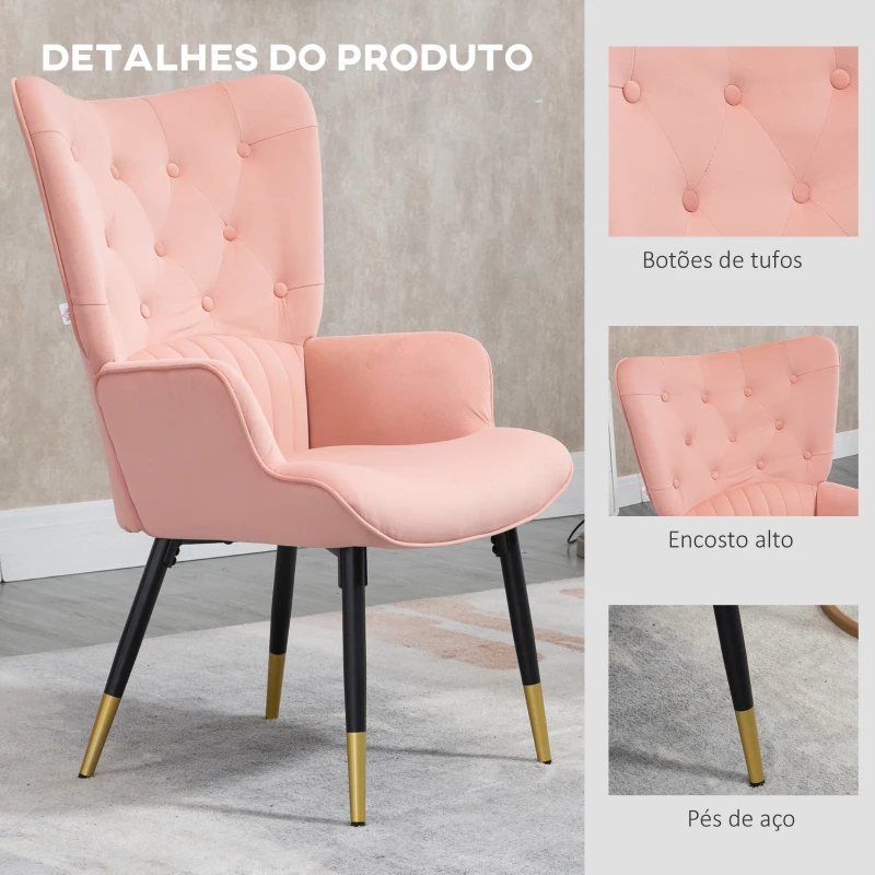 HOMCOM Poltrona Individual Estofada em Veludo com Encosto Alto Apoio para os Braços e Pés de Aço Estilo Moderno 68x72x103cm Rosa