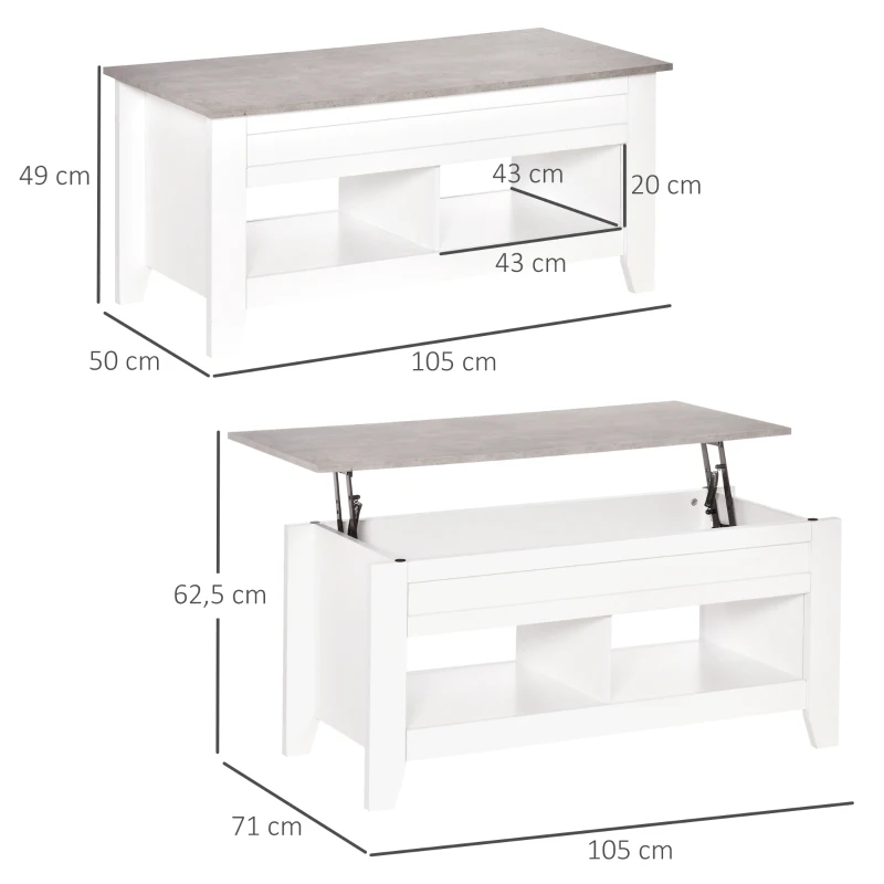 HOMCOM Mesa de Centro com Bancada Elevável Mesa de Centro com 2 Compartimentos Abertos Bancada de Imitação a Mármore Mesa Retangular para Sala de Estar 105x50x49cm Branco