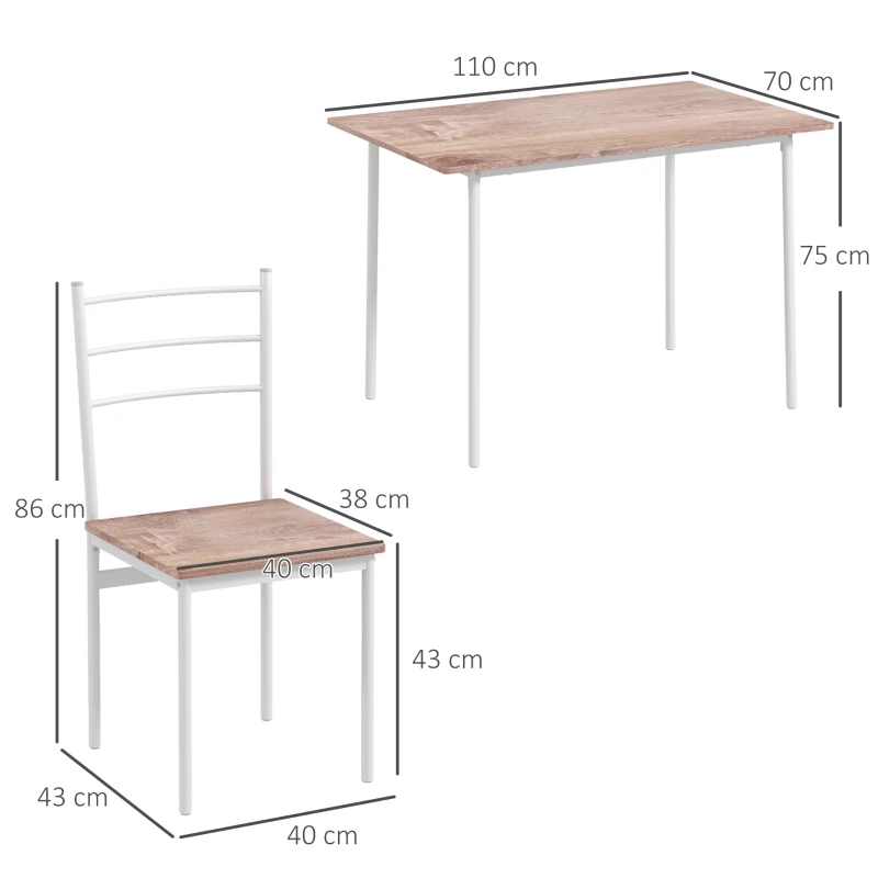 HOMCOM Conjunto de Refeição 5 Peças Conjunto de Mesa e 4 Cadeiras para 4 Pessoas com Estrutura de Aço 110x70x75 cm Madeira e Branco