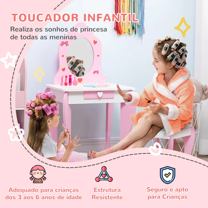 ZONEKIZ Toucador Infantil de Madeira com Banco Espelho e Gaveta Mesa de Maquilhagem para Crianças entre 3-6 Anos 50x36,5x89,5cm Rosa