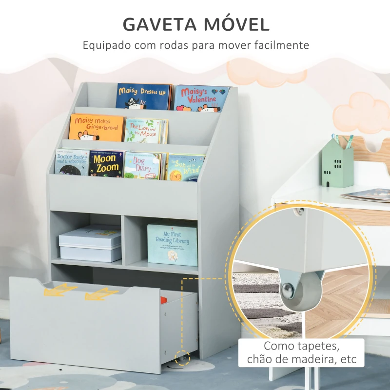 HOMCOM Estante de Madeira para Brinquedos com 3 Compartimentos 2 Prateleiras e Gaveta Móvel com 4 Rodas 60x29,9x90cm Cinza