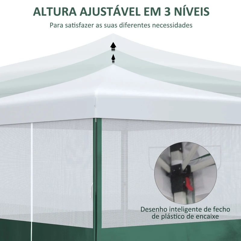 Outsunny Tenda Dobrável Tenda de Jardim com Proteção UV30 Altura Ajustável em 3 Níveis 2 Janelas e Bolsa de Transporte 2,7x2,7cm Branco e Verde
