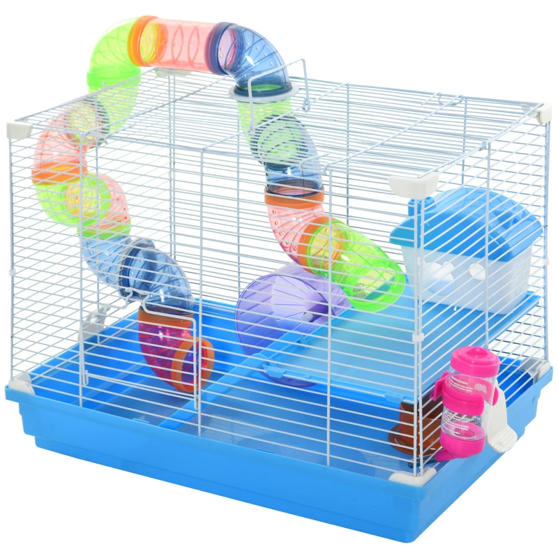 PawHut Gaiola para Hámster 46x30x37cm Gaiola para Roedores com Tubos Comedouro Bebedouro Rampa Roda de Exercícios e Alça Portátil para Interior e Exterior Multicor