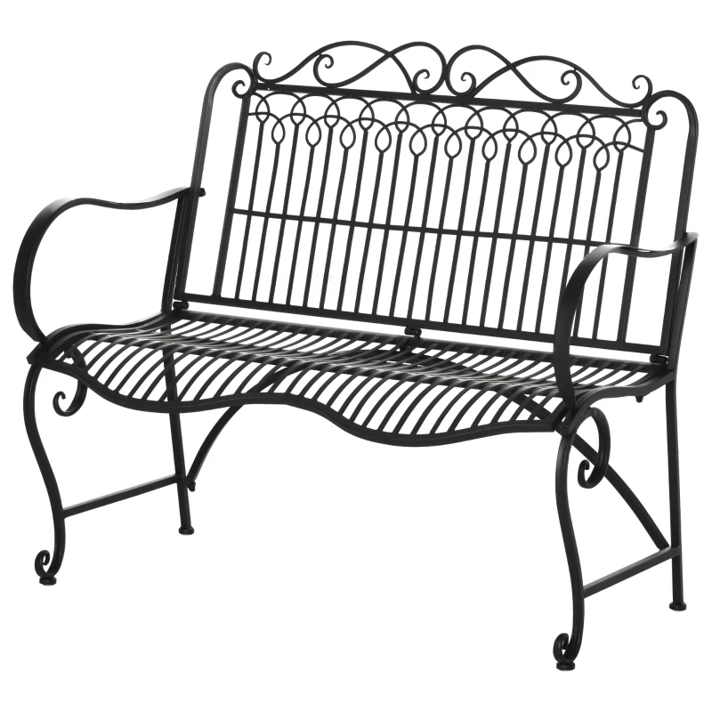 Outsunny Banco de Jardim de 2 Lugares 110x60x97cm Banco de Exterior de Metal com Encosto Decorativo e Apoio para os Braços para Terraço Balção 200kg Preto