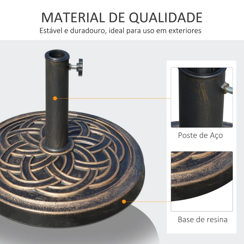 Outsunny Base Chapéu de Sol de Jardim Suporte para Chapéu de Sol Redondo para Mastros de 38mm/48mm Resina e Aço para Terraço Pátio Exterior Ø45x33cm Bronze