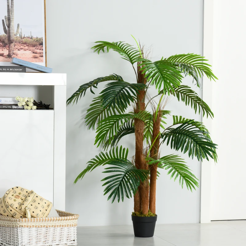 Outsunny Palmeira Artificial Planta Sintética de 120cm com Vaso 19 Folhas Realistas e 3 Troncos Decoração para Casa Escritório Exterior Verde