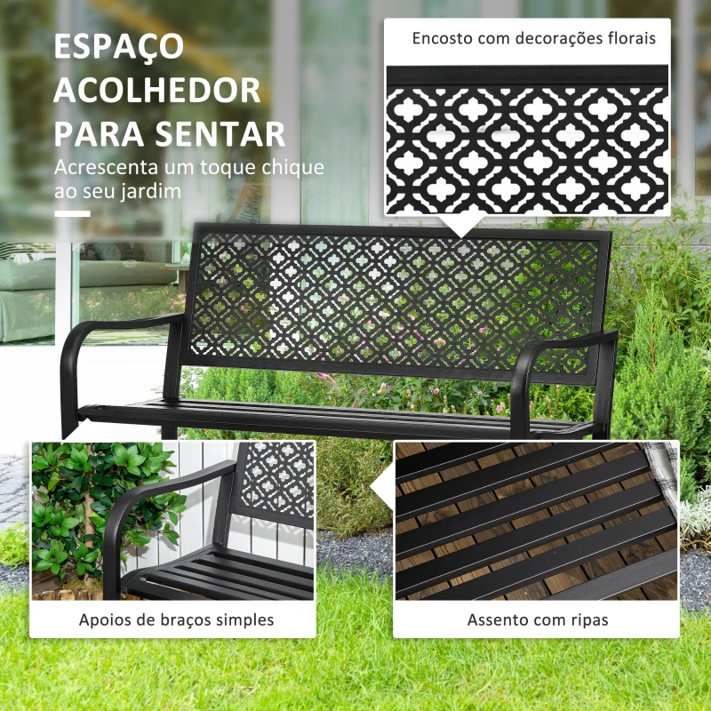 Outsunny Banco de Jardim de Aço Banco de Exterior de 2 Lugares com Encosto Decorativo 127x63x83cm Preto