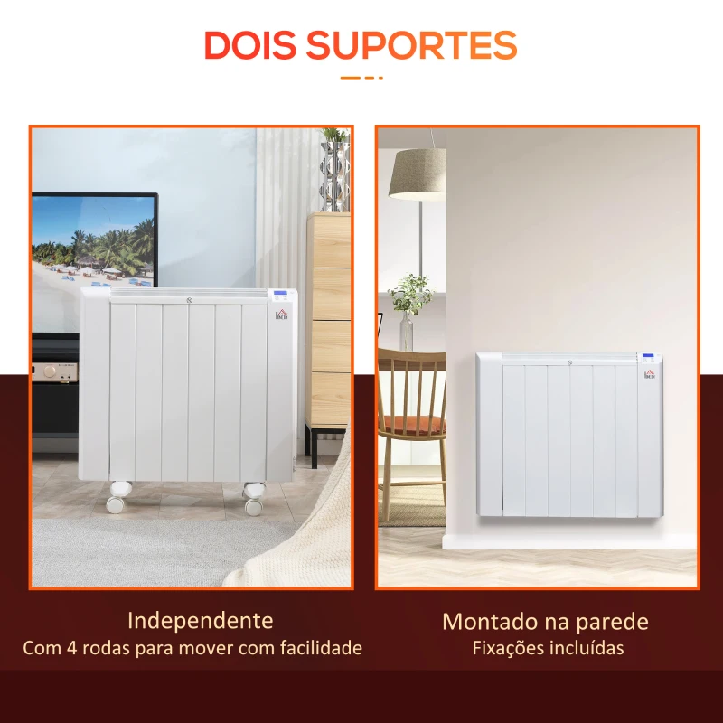 HOMCOM Aquecedor Elétrico 1500W Aquecedor Convector com Ecrã LCD 4 Modos Termostato Temporizador e 4 Rodas 67x31x68cm Branco