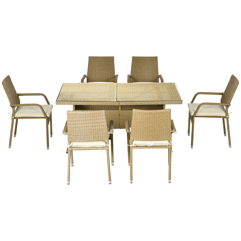 Outsunny Conjunto de Jardim Refeição de Vime PE com 7 Peças Mesa com Bancada de Vidro e 6 Cadeiras Empilháveis Areia e Bege