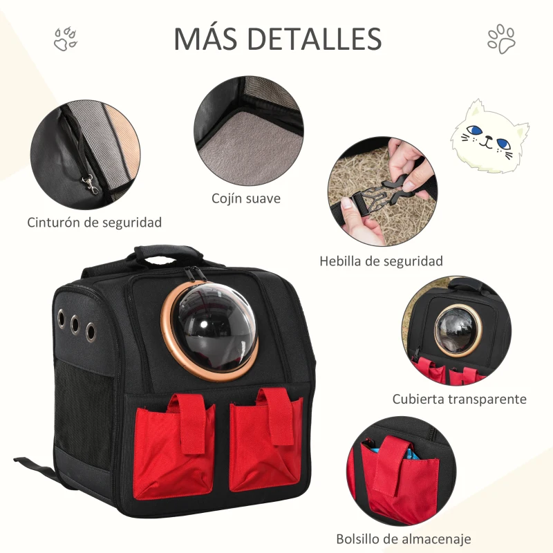 PawHut Mochila com Visor para Gatos Mochila de Transporte para Animais de Estimação Dobrável 38x24x38 cm Preto e Vermelho