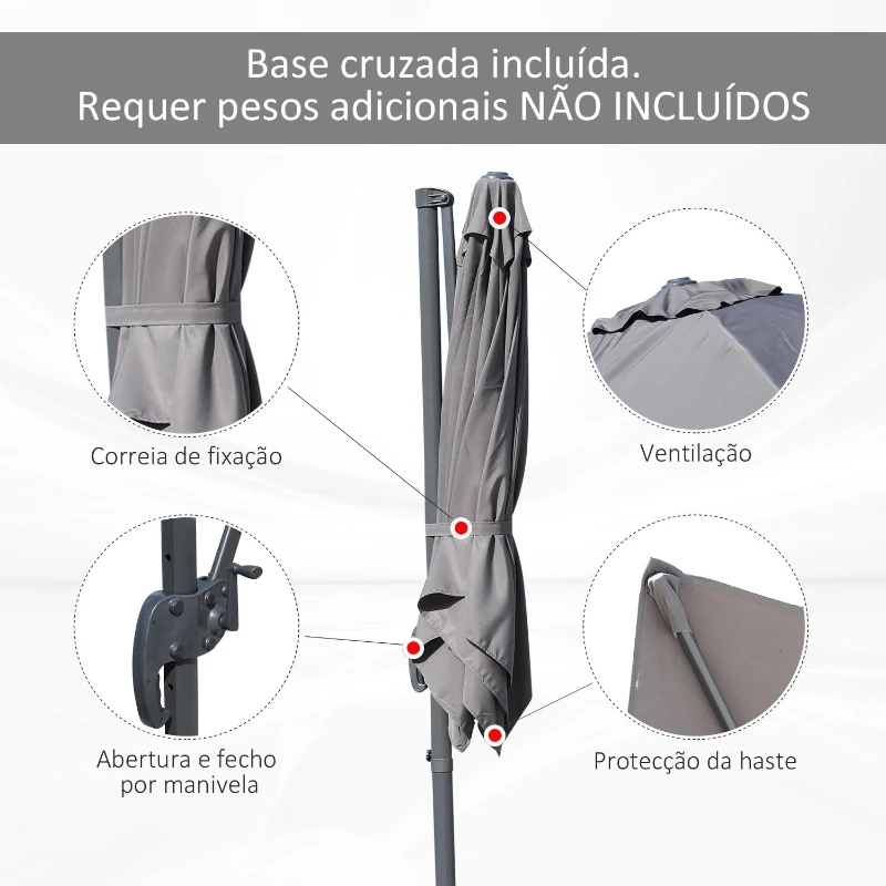 HOMCOM Chapéu de Sol de Jardim 245x245x248cm Chapéu de Sol Excêntrico com Rotação 360° Inclinação de 5 Níveis com Manivela e Ventilação para Pátio Terraço Cinza