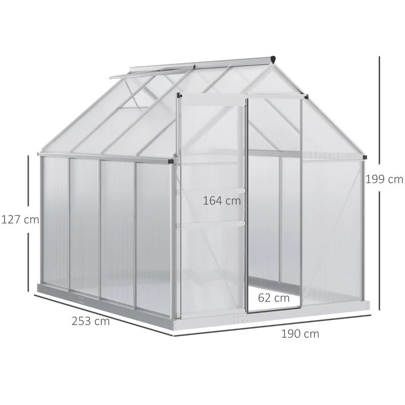 Outsunny Estufa de Jardim de Policarbonato e Alumínio Estufa de Exterior com Porta Corredeira e 2 Clarobóias para Cultivo de Plantas Sementes 190x253x199cm Transparente