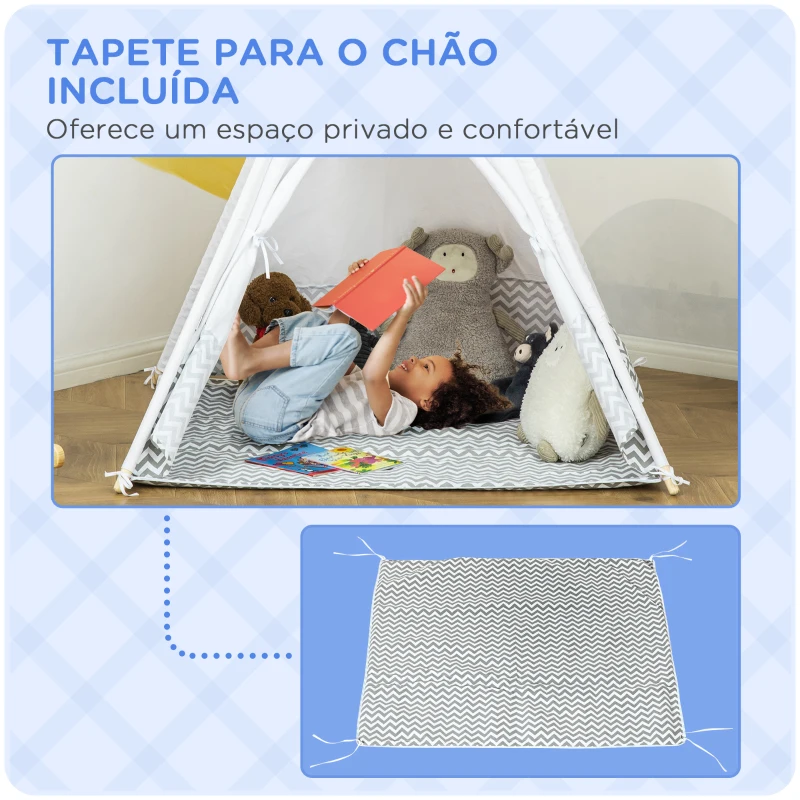 HOMCOM Tenda Tipi para Crianças acima de 3 Anos Tenda Infantil de Madeira Portátil com Janela Almofada e Bolsa de Transporte para Interiores e Exteriores 120x120x155cm Cinza