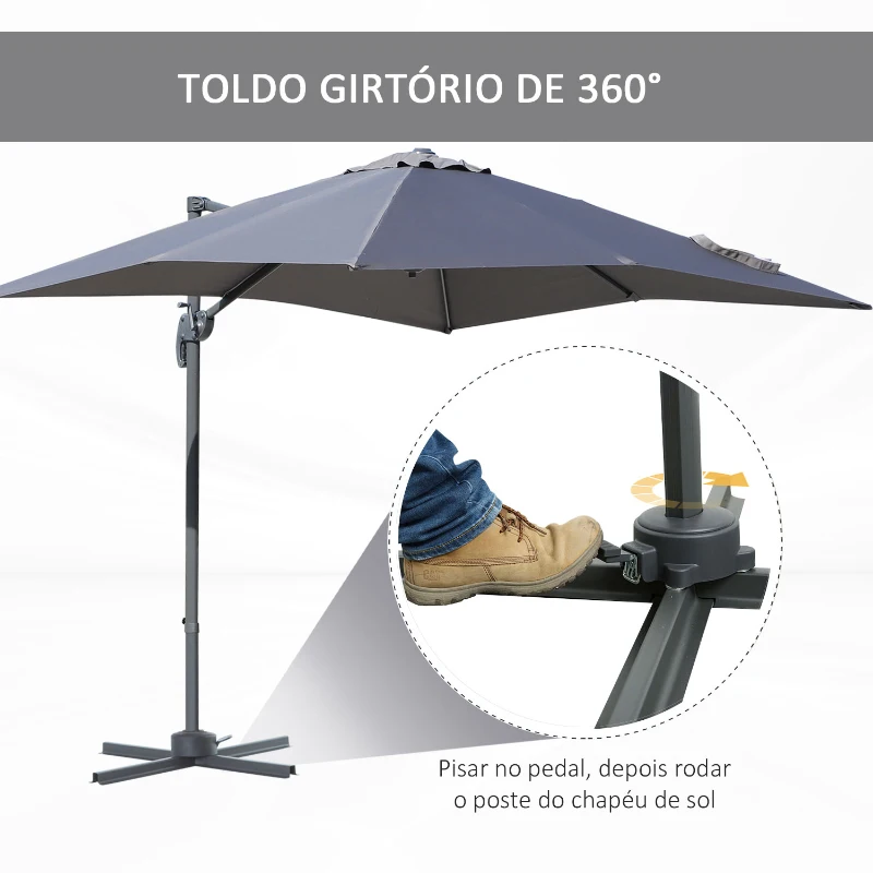HOMCOM Chapéu de Sol de Jardim 245x245x248cm Chapéu de Sol Excêntrico com Rotação 360° Inclinação de 5 Níveis com Manivela e Ventilação para Pátio Terraço Cinza