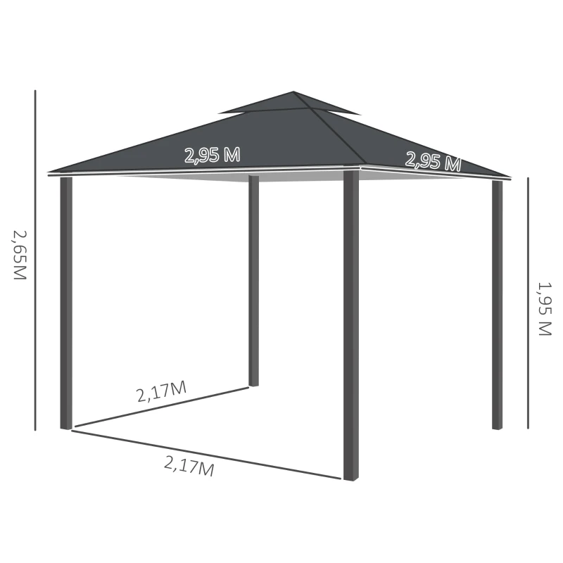 Outsunny Pérgola de Jardim 3x3 Pérgola com 4 Cortinas Laterais Removíveis com Zíper 8 Orifícios de Drenagem e Duplo Teto Cinza Escuro