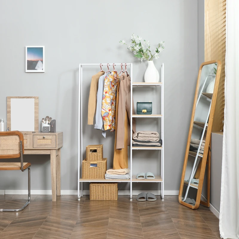 HOMCOM Suporte para Cabides com 4 Prateleiras de Armazenamento e Barra de Pendurar Estilo Industrial 101x39x160cm Madeira e Branco