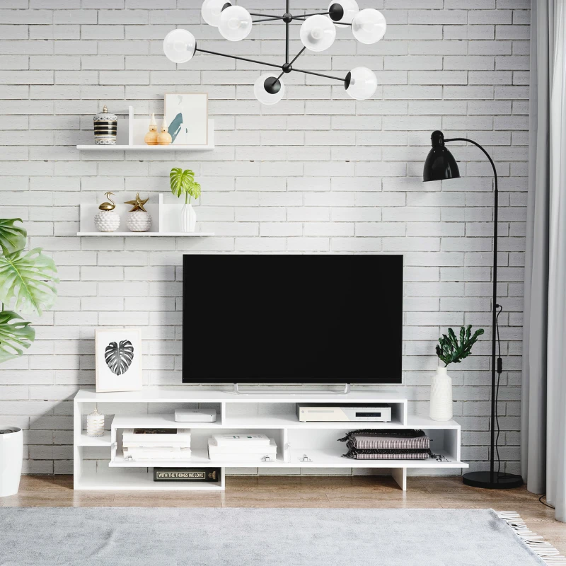 HOMCOM Móvel de TV para Sala de Estar Móvel para Televisor 180x33,5x42cm e 2 Prateleiras de Parede 65x20x20cm Branco