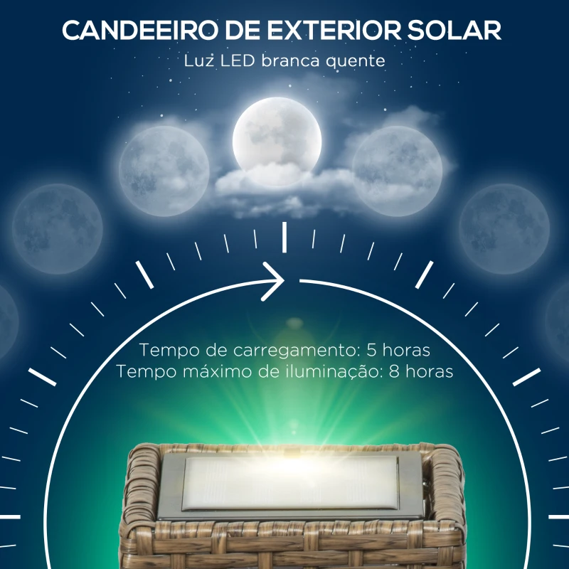 Outsunny Candeeiro Solar de Vime Sintético com Luzes LED Ligar/Desligar Automático para Varanda Pátio 15,5x15,5x69cm Marrom Areia