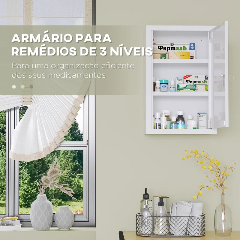 kleankin Armário Farmácia de Parede em Aço com 3 Prateleiras de Armazenamento e 2 Chaves para Casa de Banho 30x14x46 cm Branco