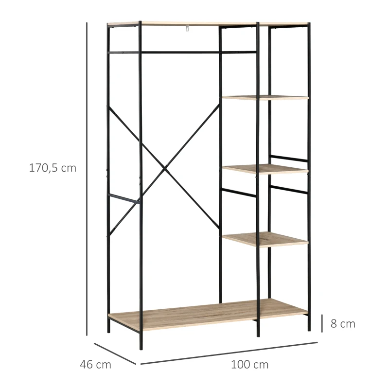 HOMCOM Suporte para Cabides Cabideiro de Madeira com 4 Prateleiras de Arrumação e Barra de Pendurar 100x46x170,5cm Madeira e Preto