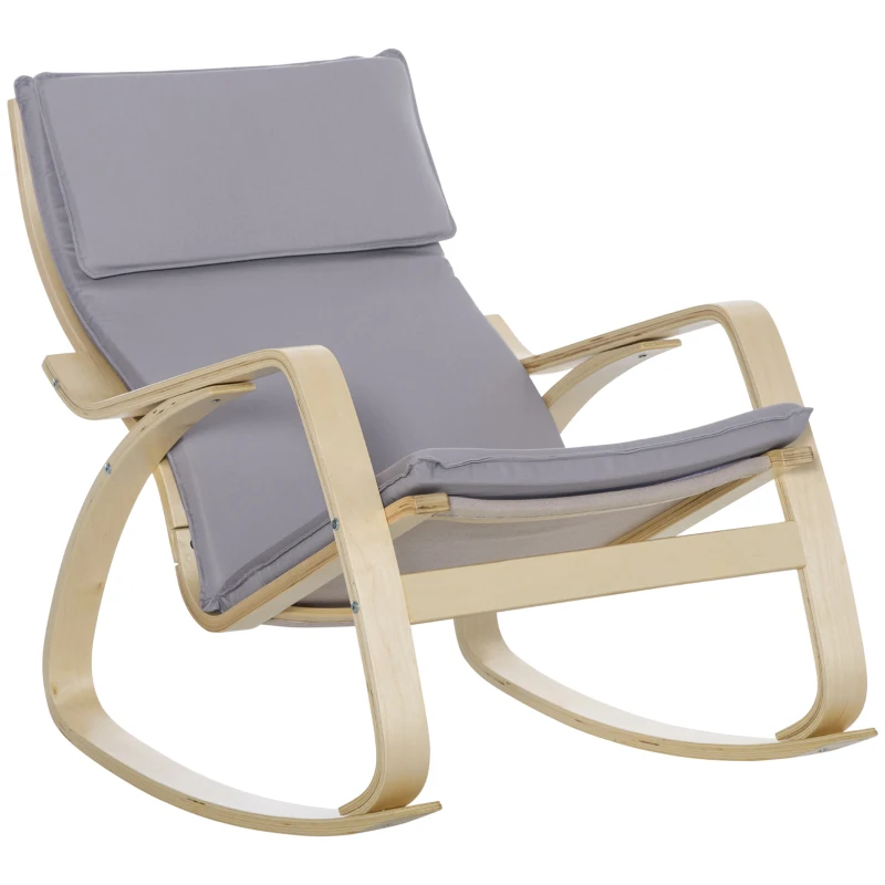 HOMCOM Poltrona Baloiço Poltrona Relax com Almofada Amovível Apoio para os Braços e Pés de Madeira de Bétula 67x97x84cm Cinza