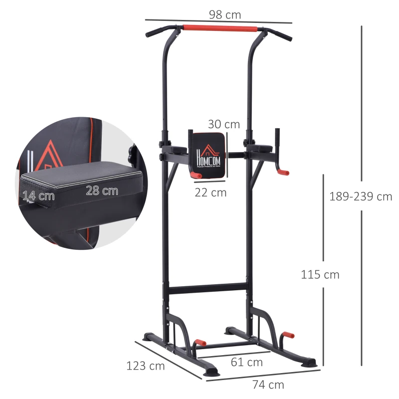 HOMCOM Torre de Exercícios Estação Multifuncional Altura Ajustável com 7 Orifícios para Treinamento Fitness para Casa Academia Escritório Carga Máxima 120kg 123x98x189-239cm Preto e Vermelho