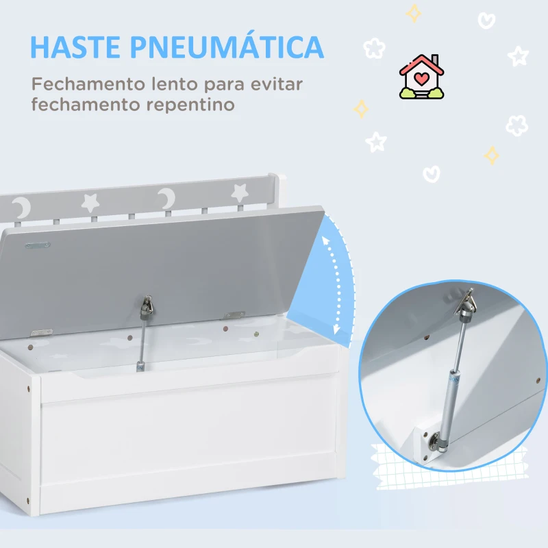 ZONEKIZ Baú Infantil 2 em 1 Banco de Armazenamento Infantil com Tampa para Dormitório Sala de Jogos 60x30x50cm Branco e Cinza