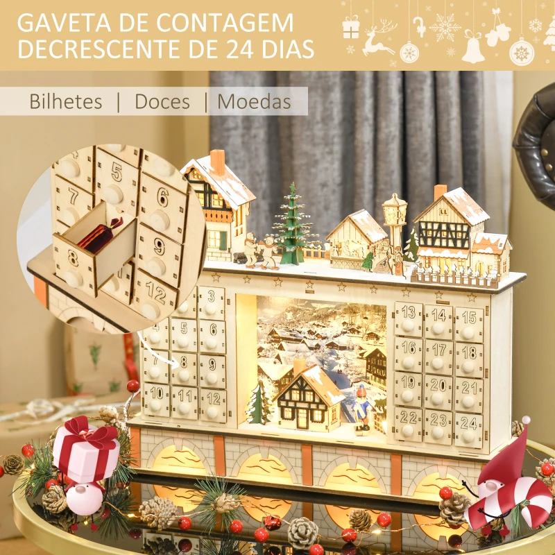 HOMCOM Calendário de Advento de Madeira com Luzes e 24 Gavetas de Contagem Regressiva Decoração de Natal 44x10x37 cm Madeira